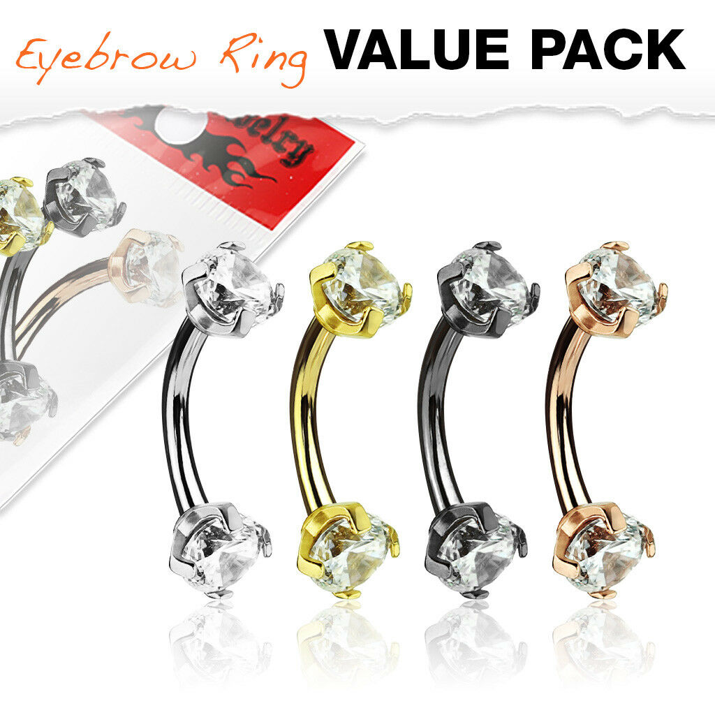 4pc Value Pack Double Prong Set Gem Steel Eyebrow Rings 16g Body Jewelry