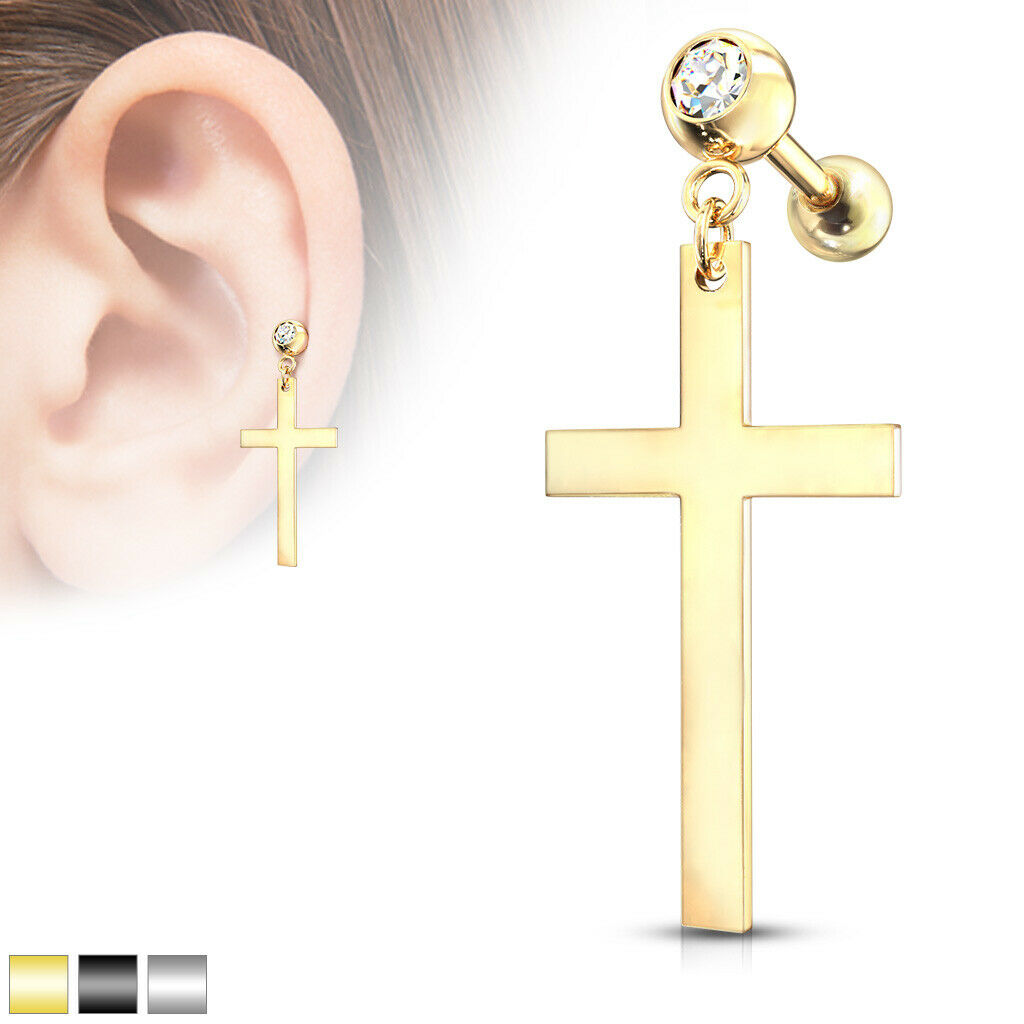 1pc Cross Dangle Tragus Stud Helix Cartilage Ring 16g 1/4"- choose your color