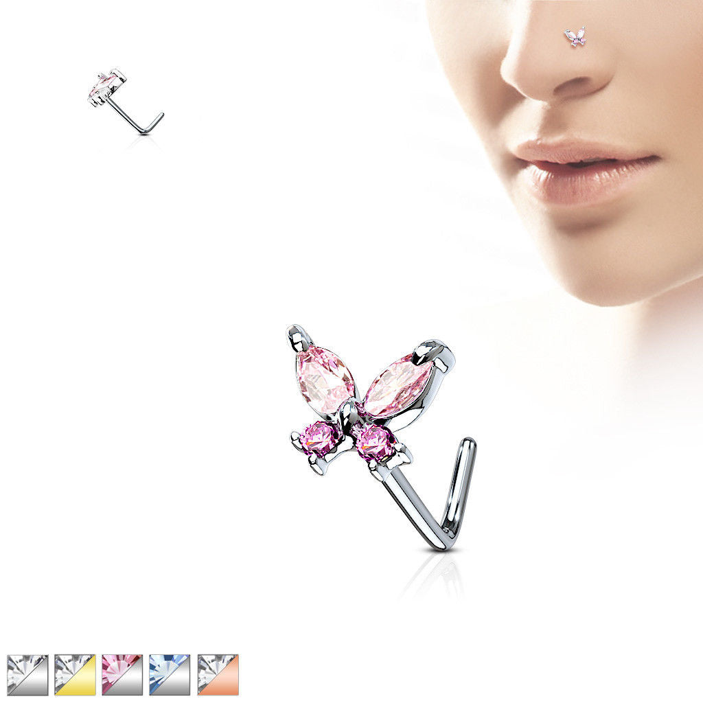 1pc CZ Gem Butterfly L-Bend 20g Nose Ring