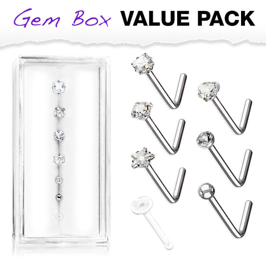 7pc Box Value Pack L-Bend CZ Gem Shapes 20g Steel Nose Rings, includes Retainer
