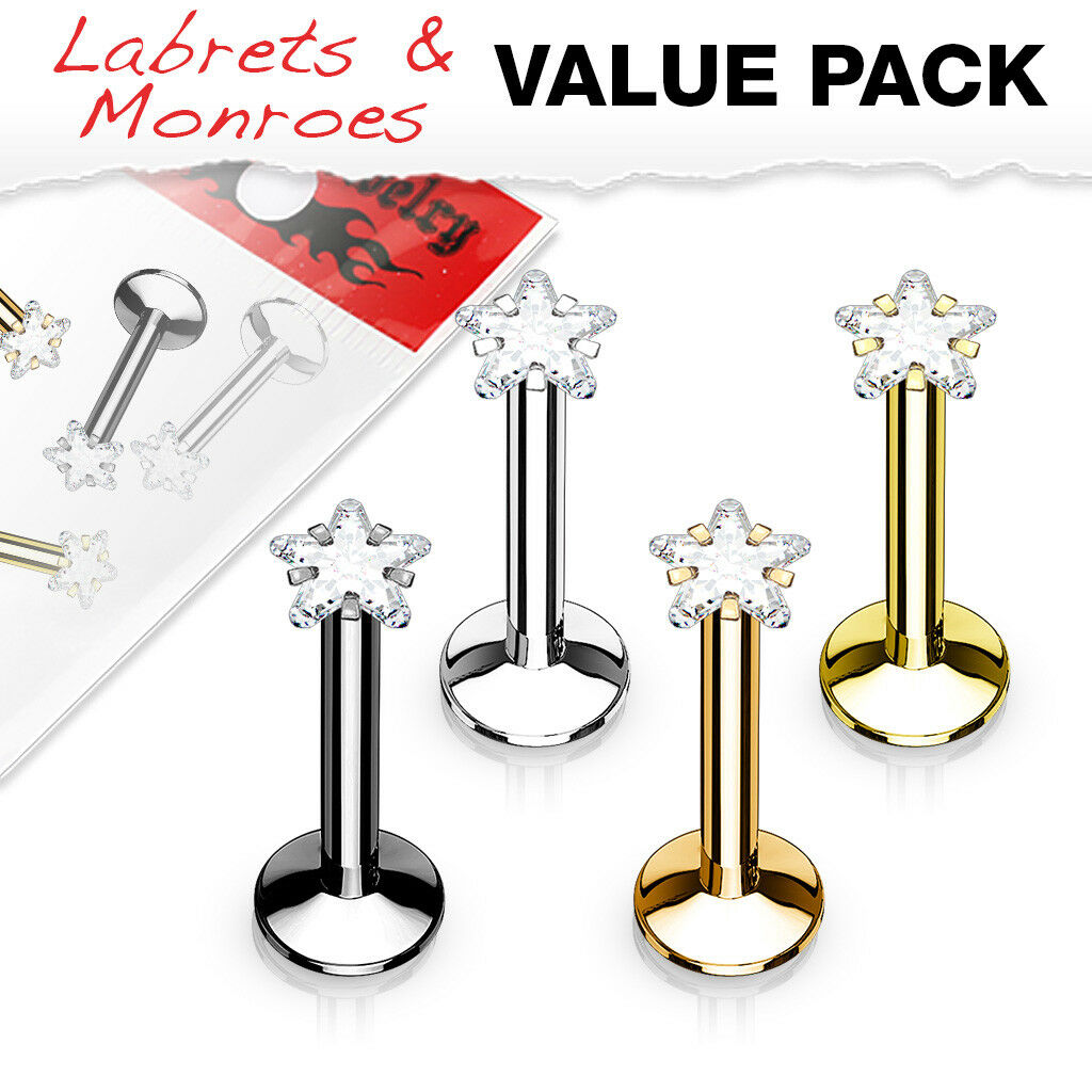 4pc Value Pack Internally Threaded Prong Set Star Gem Ion Plated Labrets