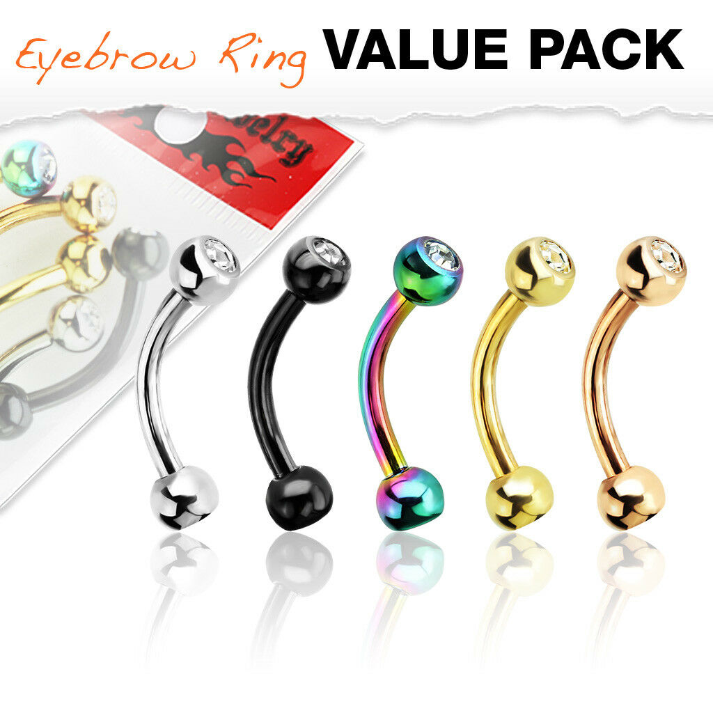 5pc Value Pack Five Colors Ion Plated Steel Gem Eyebrow Rings 16g Body Jewelry