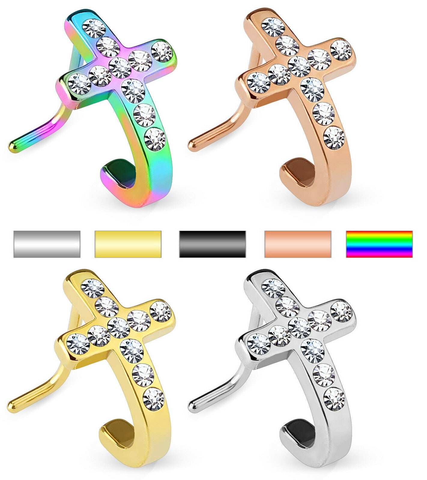 1pc Crystal Paved Cross L-Bend 20g Nose Ring Stud Screw 316L Surgical Steel