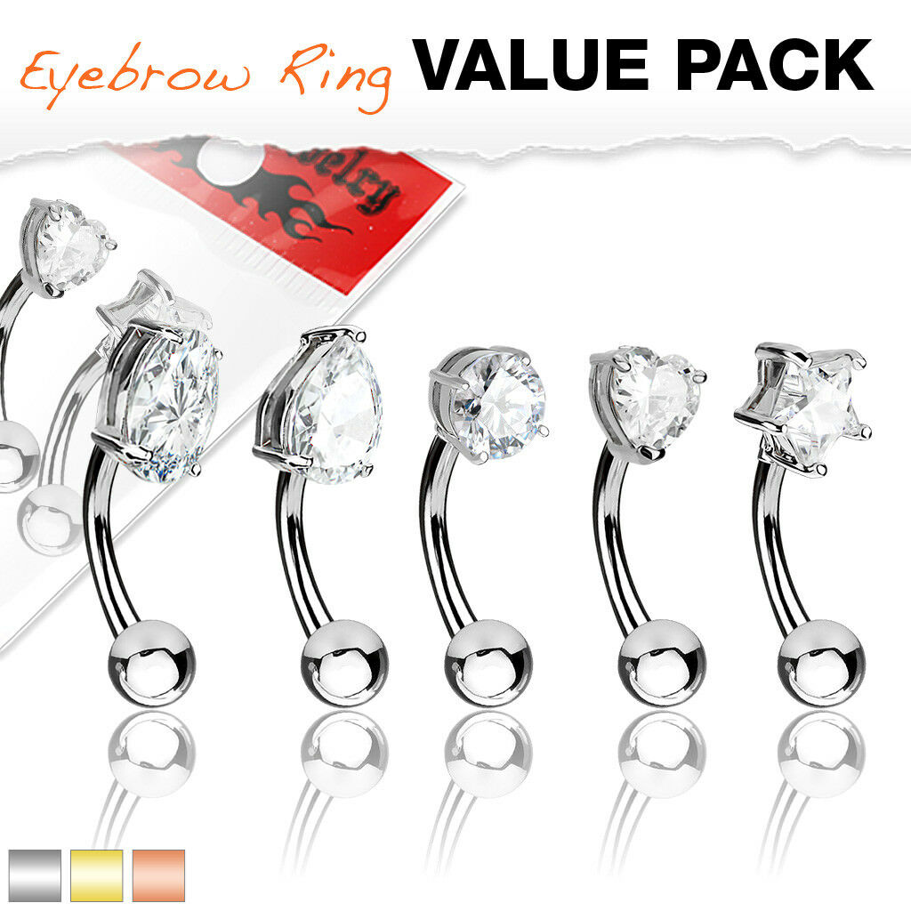 5pc Value Pack Prong Set CZ Gem Shapes Eyebrow Rings Curved Barbells 316L Steel