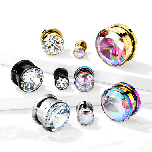 PAIR Large Clear or AB Gem PVD Plated Screw Fit Tunnels Plugs