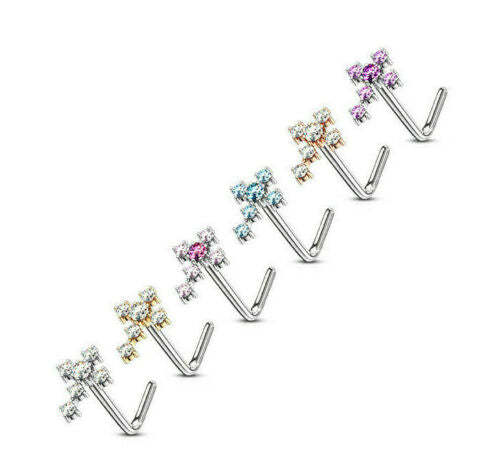 1pc CZ Gem Cross L-Bend 20g Nose Ring Stud Screw 316L Surgical Steel