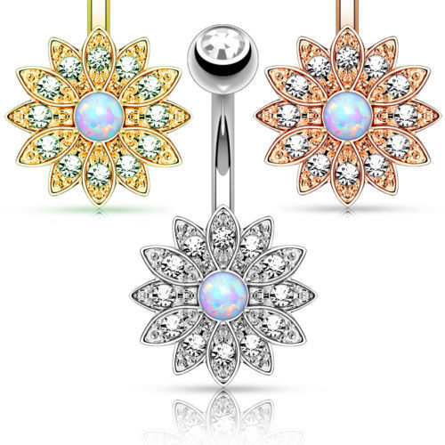 Small Flower w/ Opal Center Crystal Paved Petals Belly Button Ring Pierced Navel