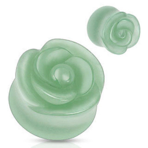 PAIR Carved Jade Green Adventurine Stone Rose Flower Double Flare Plugs