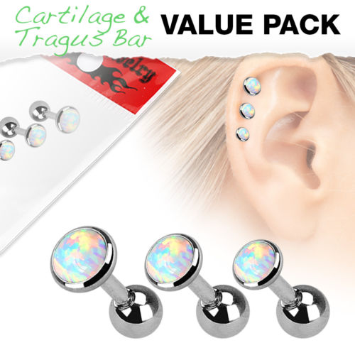 3pc Value Pack Opal Tragus Ring 16g 1/4"