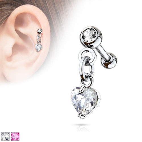 1pc Crystal Heart Dangle Tragus Ring 16g 1/4"