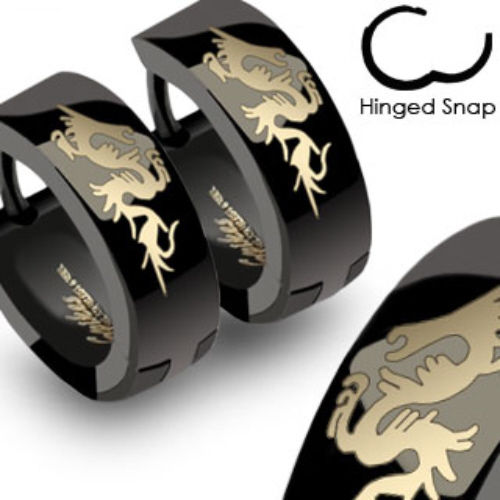 PAIR of Black Steel Hinged Hoop Huggies Earrings w/ Dragon Print