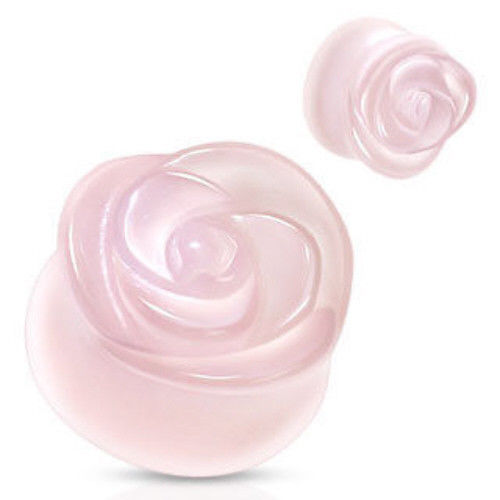 PAIR Carved Rose Quartz Stone Rose Flower Double Flare Plugs