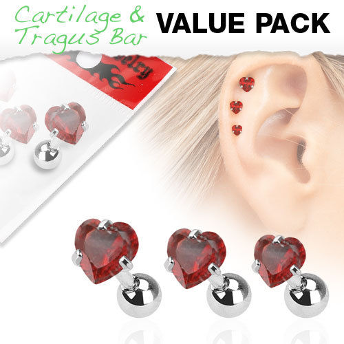 3pc Value Pack Prong Set Heart Gem Tragus Ring 16g 1/4"