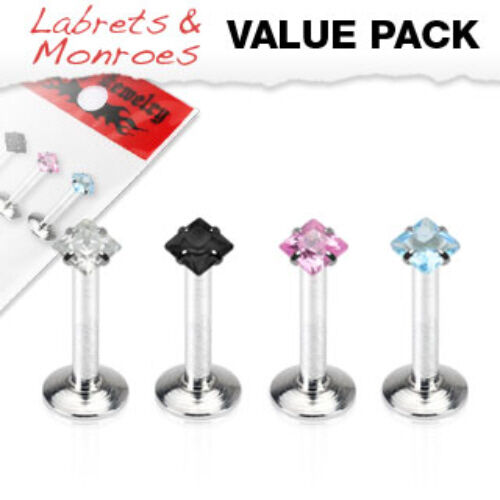 4pc Value Pack Internally Threaded Surgical Steel Labret w/ Prong Set Square Gem