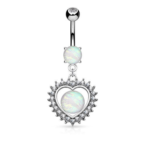 Opal Glitter Center Crystal Heart Dangle Belly Button Ring Navel Naval