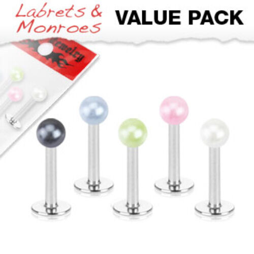 5pc Value Pack Pearl Coated Ball Surgical Steel Labrets 16g, 5/16"