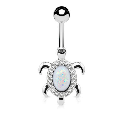 Opal Glitter Center Crystal Paved Turtle Belly Button Ring Navel Naval