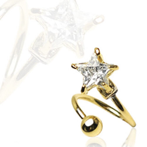 Gold Plated Twist Belly Ring w/ Prong Set CZ Star Gem Pierced Navel 16g Spiral