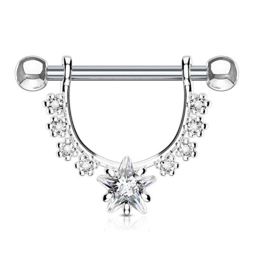 PAIR CZ Gem Star Center Dangle Nipple Rings Shields