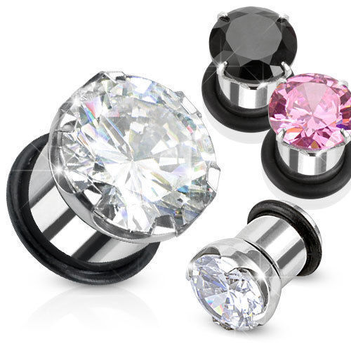 PAIR Prong Set CZ Gem w/O-rings Pink or Clear Bling Tunnels