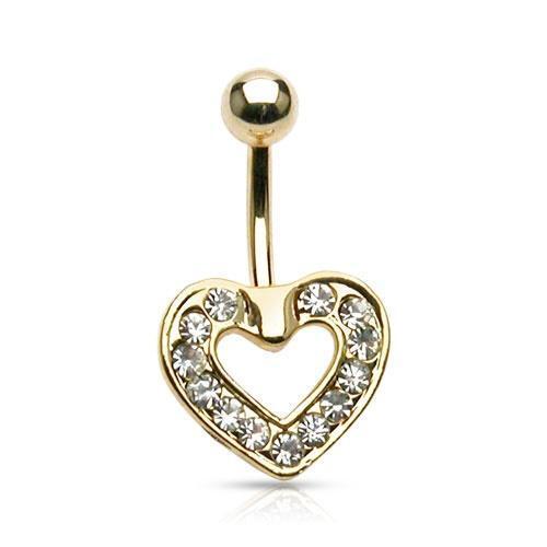 Gold Heart Paved CZ Clear Gem Belly Ring Navel
