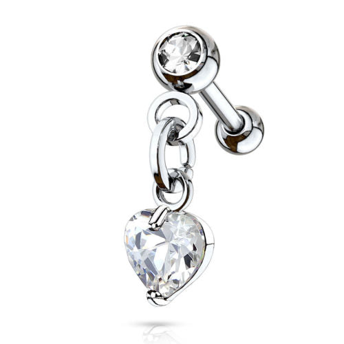 1pc Crystal Heart Dangle Tragus Ring 16g 1/4"