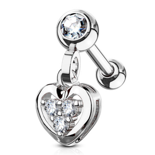 1pc CZ Gem Heart Dangle Tragus Ring 16g 1/4"