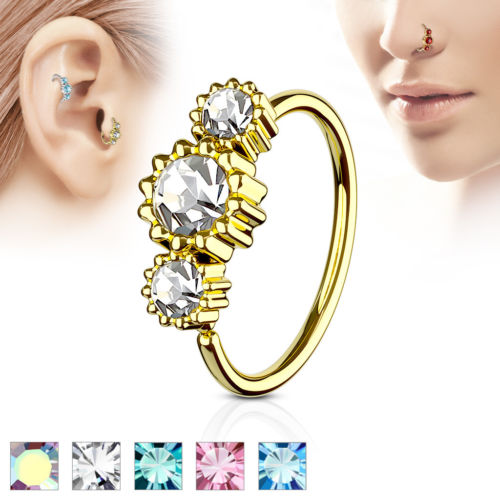 1pc Gold Three CZ Gem Hoop Nose / Cartilage Ring