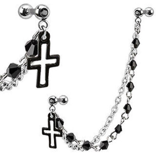 1pc Chain Linked Beaded Cross Ring with Tragus Barbell