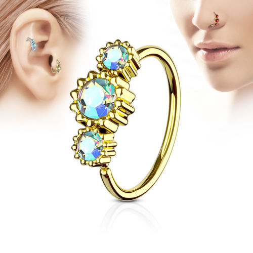 1pc Gold Three CZ Gem Hoop Nose / Cartilage Ring