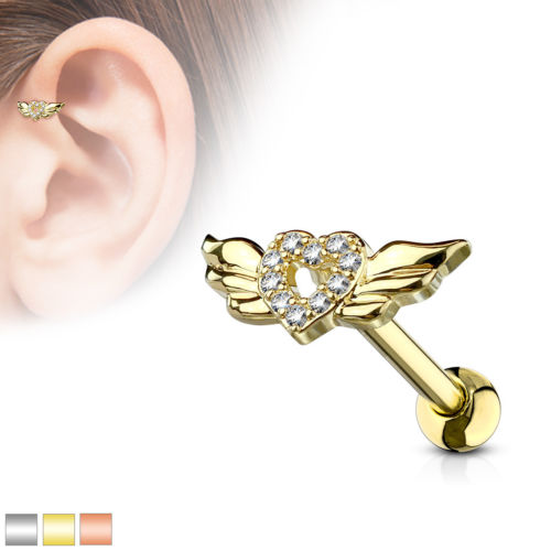 1pc CZ Gem Paved Heart w/ Wings Tragus Ring 16g 1/4"