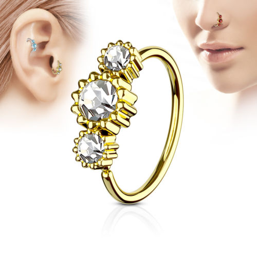 1pc Gold Three CZ Gem Hoop Nose / Cartilage Ring