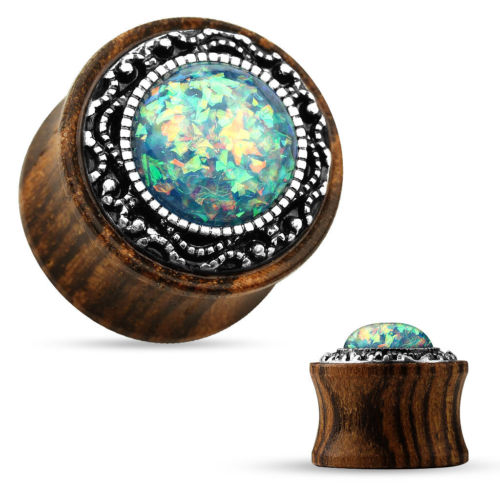 PAIR Synthetic Opal w/Tribal Pattern Casting Wood Saddle Plugs