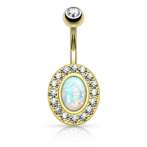 Opal Center Multi-Gem Paved Gold Plated Belly Ring Navel