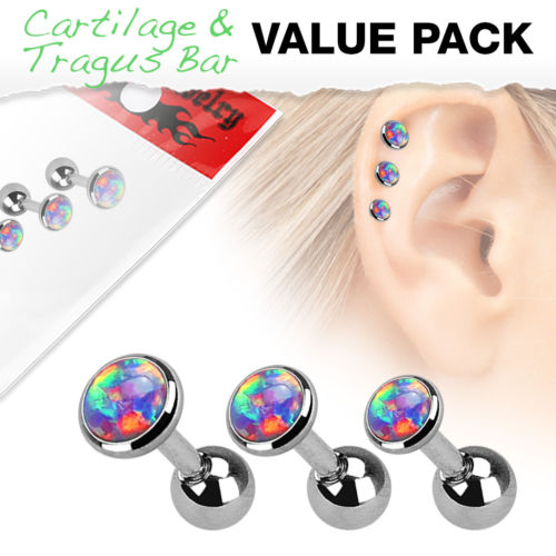 3pc Value Pack Opal Tragus Ring 16g 1/4"