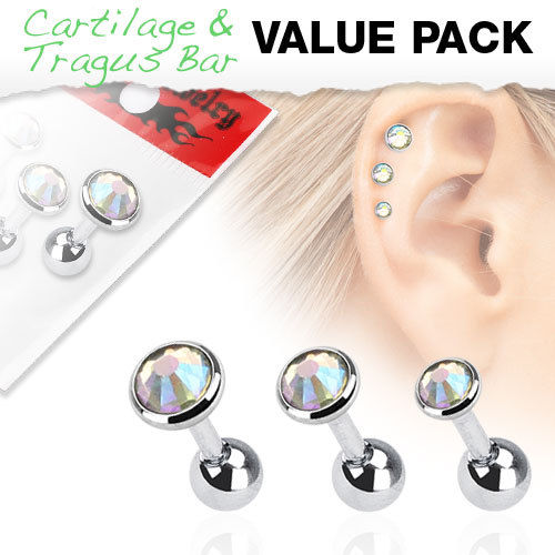 3pc Value Pack Gem Tragus Cartilage Ring 16g 1/4" - Choose Color