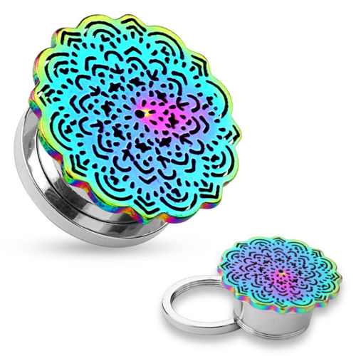 PAIR Rainbow Tribal Flower Screw Fit Tunnels Plugs