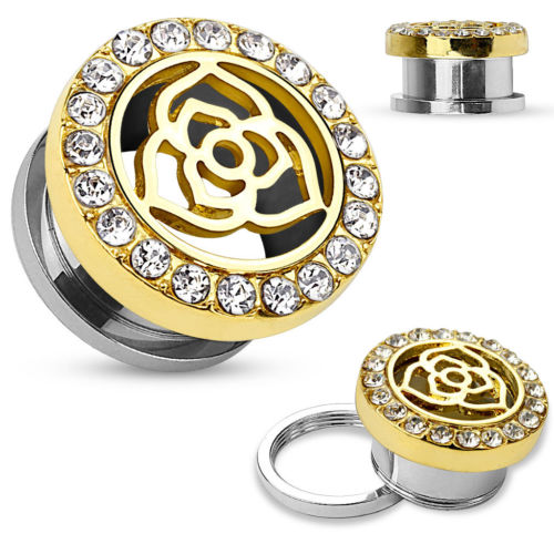 PAIR Gold or Steel Crystal Paved Rim with Rose Top Tunnels Plugs