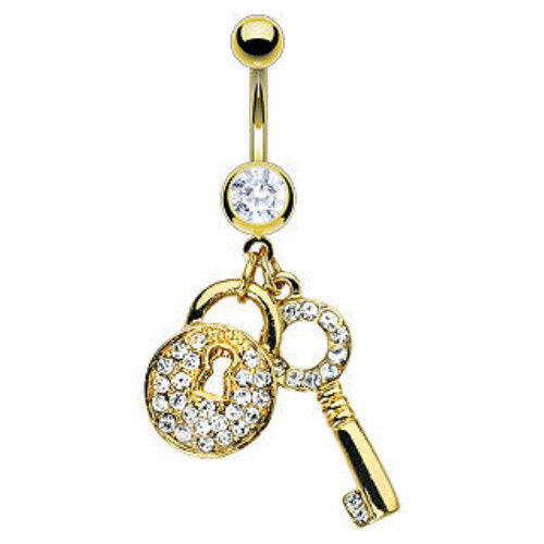 Gold Lock & Key CZ CLEAR Gem Belly Ring Navel