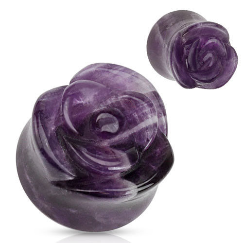 PAIR Carved Amethyst Stone Rose Flower Double Flare Plugs