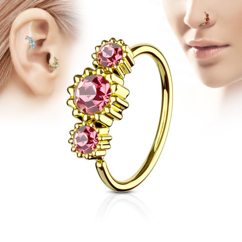 1pc Gold Three CZ Gem Hoop Nose / Cartilage Ring