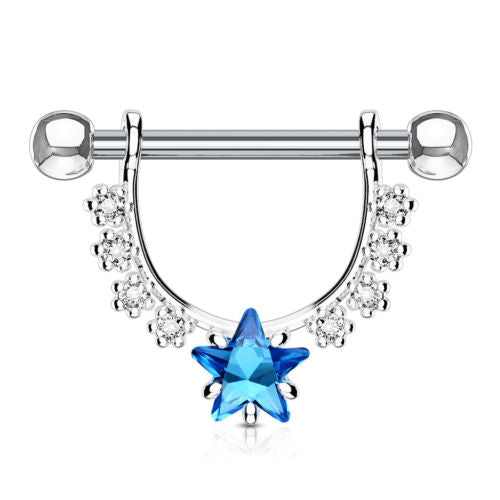 PAIR CZ Gem Star Center Dangle Nipple Rings Shields