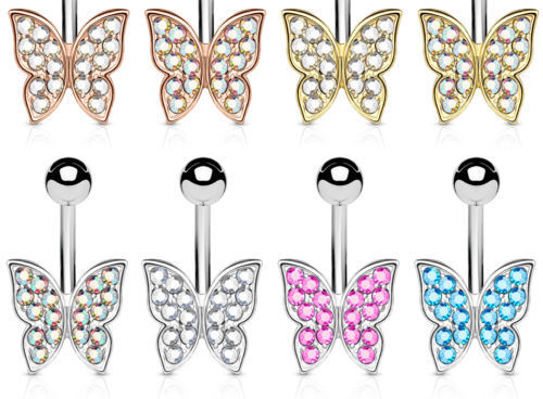 Crystal Paved Butterfly Belly Ring 316L Surgical Steel Navel Naval