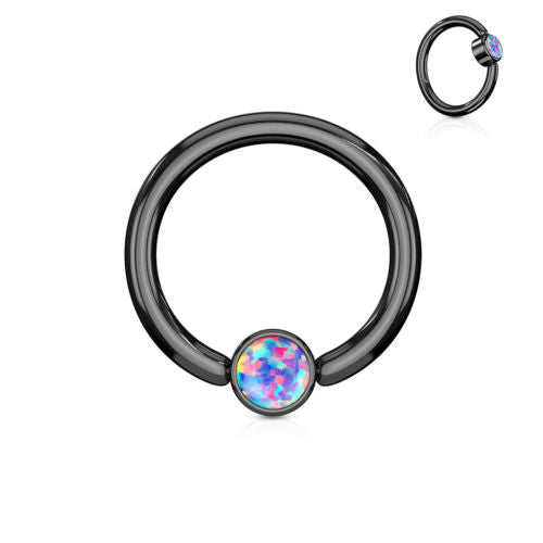 1pc Opal Set Flat-Back Black Plated Captive Bead Ring