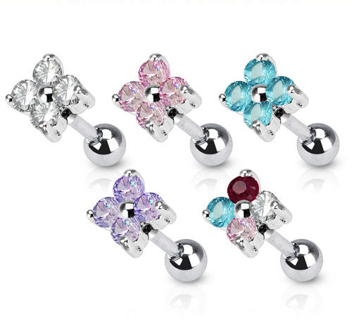 1pc Prong Set Flower Gem Tragus Ring 16g 1/4"