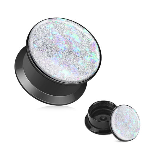 PAIR Opal Glitter Internally Threaded Black Acrylic Stash Plugs
