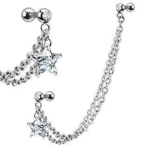 1pc Double Chain Linked Gemmed Star Tragus Ring