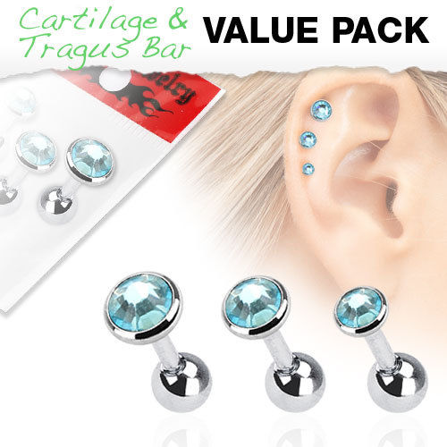 3pc Value Pack Gem Tragus Cartilage Ring 16g 1/4" - Choose Color