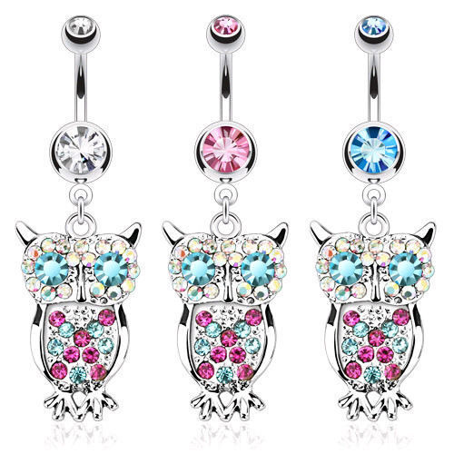 Owl Paved w/ Multi Colored CZ Gem Belly Ring Navel Naval Clear, Pink, Aqua
