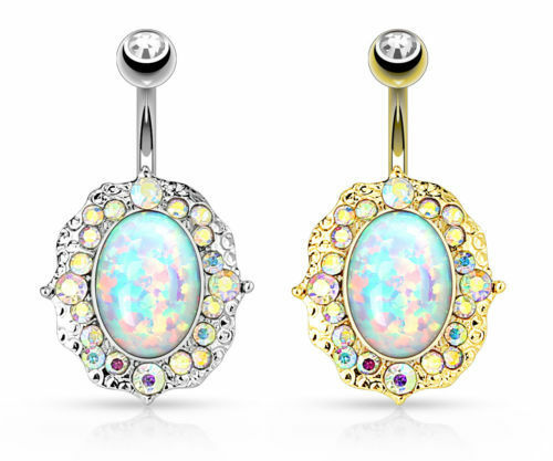 Opal Center Belly Ring Paved Aurora Borealis Gems Pierced Navel IP 14k Gold